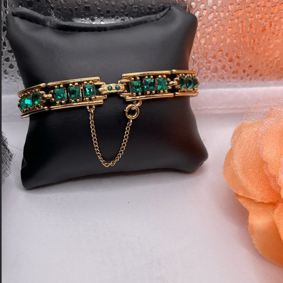 Bogoff Jewelry - 09.19.25-9- Vintage Bogoff Gold plated bracelet with green rhinestones